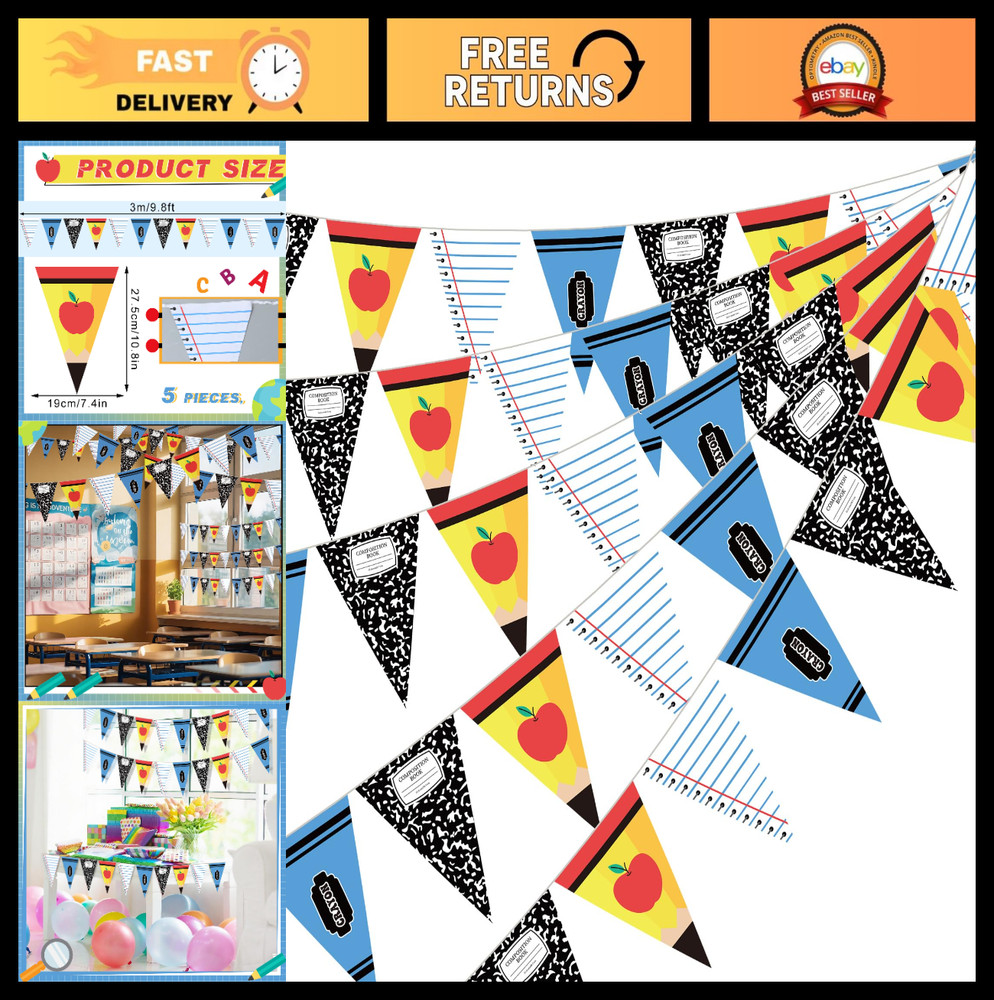 49 ft Back to School Decorations – Composition Notebook Pennant Banner, Apple, C