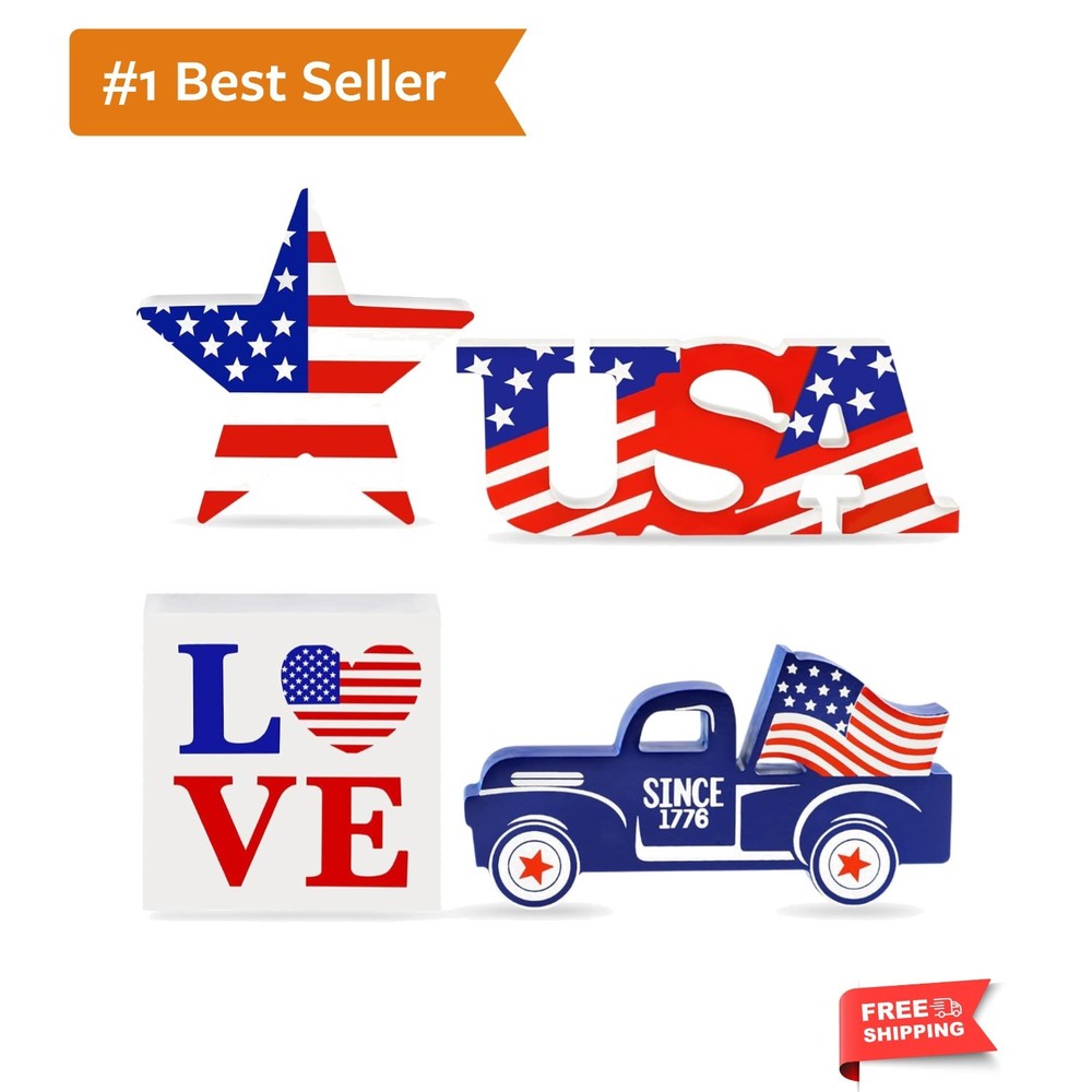 4th of July Decor Patriotic Decorations 4Pcs Wooden Star LOVE Car Sign Fourt…