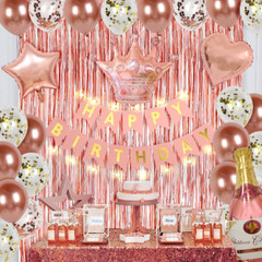 Rose Gold Birthday Decorations for Women with Happy Bithday Banner, Curtains, Bo
