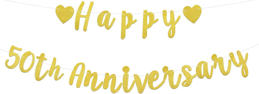 2Pcs Happy 50Th Anniversary Banner, Pre-Strung Glitter Gold 50Th Wedding Anniver