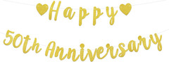 2Pcs Happy 50Th Anniversary Banner, Pre-Strung Glitter Gold 50Th Wedding Anniver