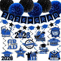 Blue Graduation Decorations, 2026 Grad Banner and Congrats Grad Hanging Swirls,