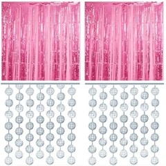 Disco Party Decorations Set – 2 Silver Tinsel Fringe Curtains & 2 Pink Backdrops