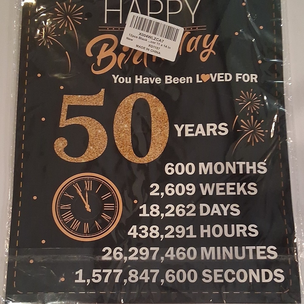 Happy 50th Birthday Party Backdrop Banner 12pcs 11×14 in Black Gold White