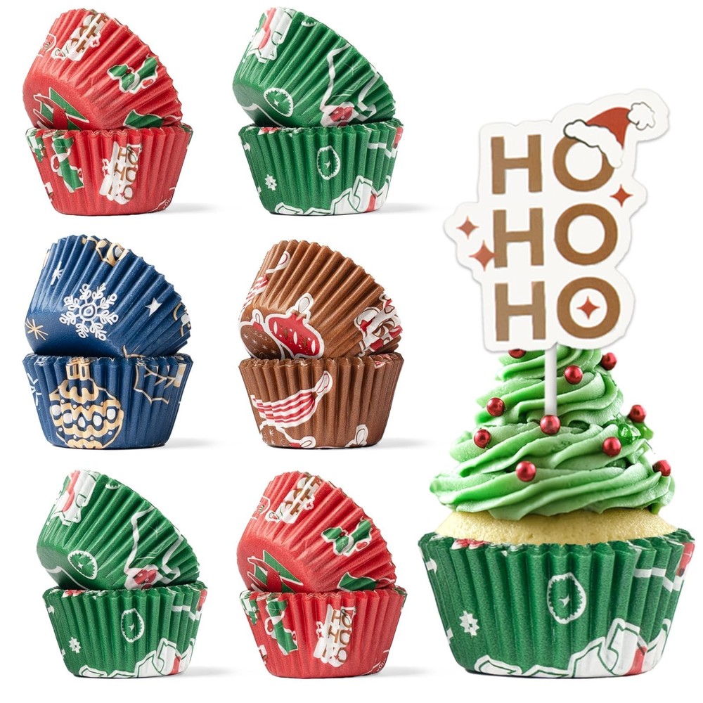 400 Pcs Mini Xmas Cupcake Liners Wrappers With 12 Pcs Holiday Toppers Kit