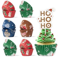 400 Pcs Mini Xmas Cupcake Liners Wrappers With 12 Pcs Holiday Toppers Kit