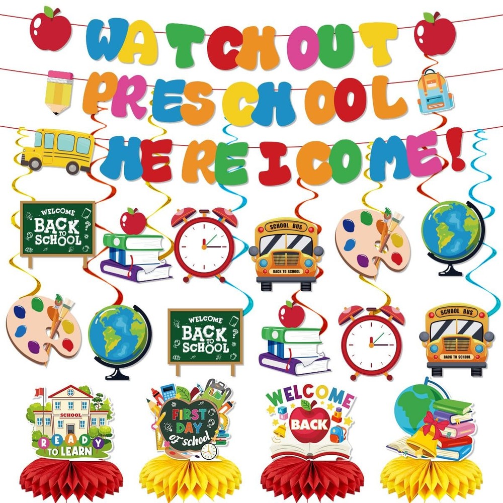 Back to School Decorations – Watch Out Preschool Banner, Hanging Swirls and H…