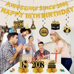 18th Birthday Decorations Kit – 11 Pcs Black Gold Banner, Centerpieces & Swirls