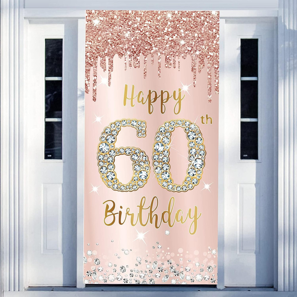 60Th Birthday Door Banner Decorations for Women, Pink Rose Gold Happy 60Th Birth