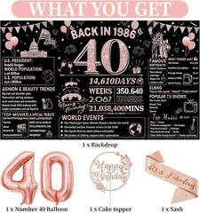 40Th Birthday Decorations for Women, Rose Gold Black Back in 1986 Banner Decorat