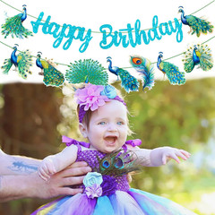 Peacock Birthday Banner & Decorations – 2Pcs Blue Peacock Party Banners for Zoo