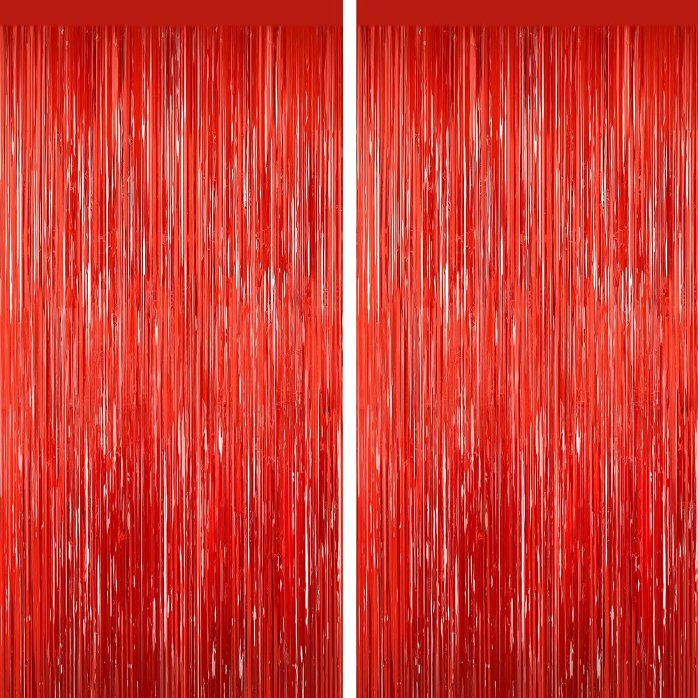Red Tinsel Backdrop Foil Fringe Curtains – 2 Packs Door Streamers Backdrop for B