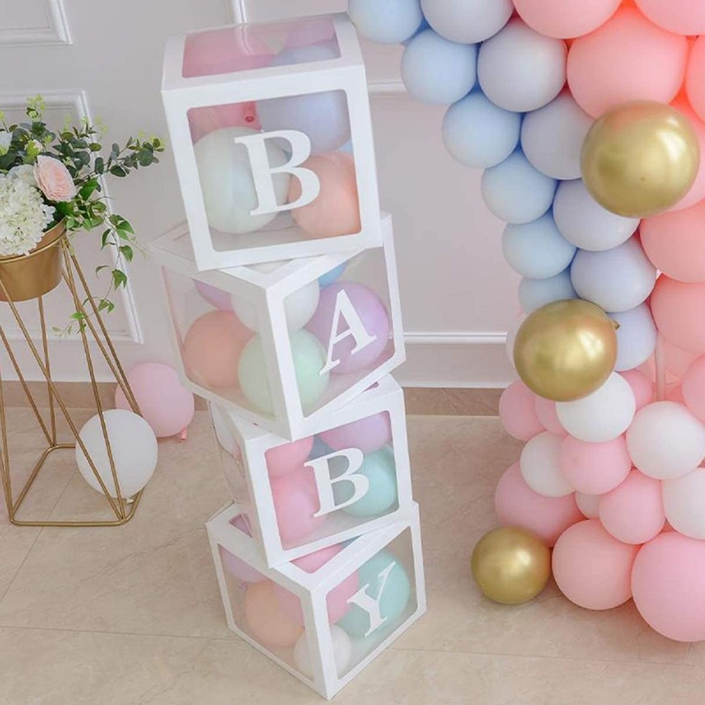 Baby Shower Boxes with Transparent Balloons & Letter Blocks for Gender Reveal