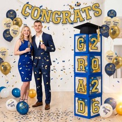 Navy Blue & Gold Graduation Decorations 2026 – Balloon Boxes, Table Decor & Ligh
