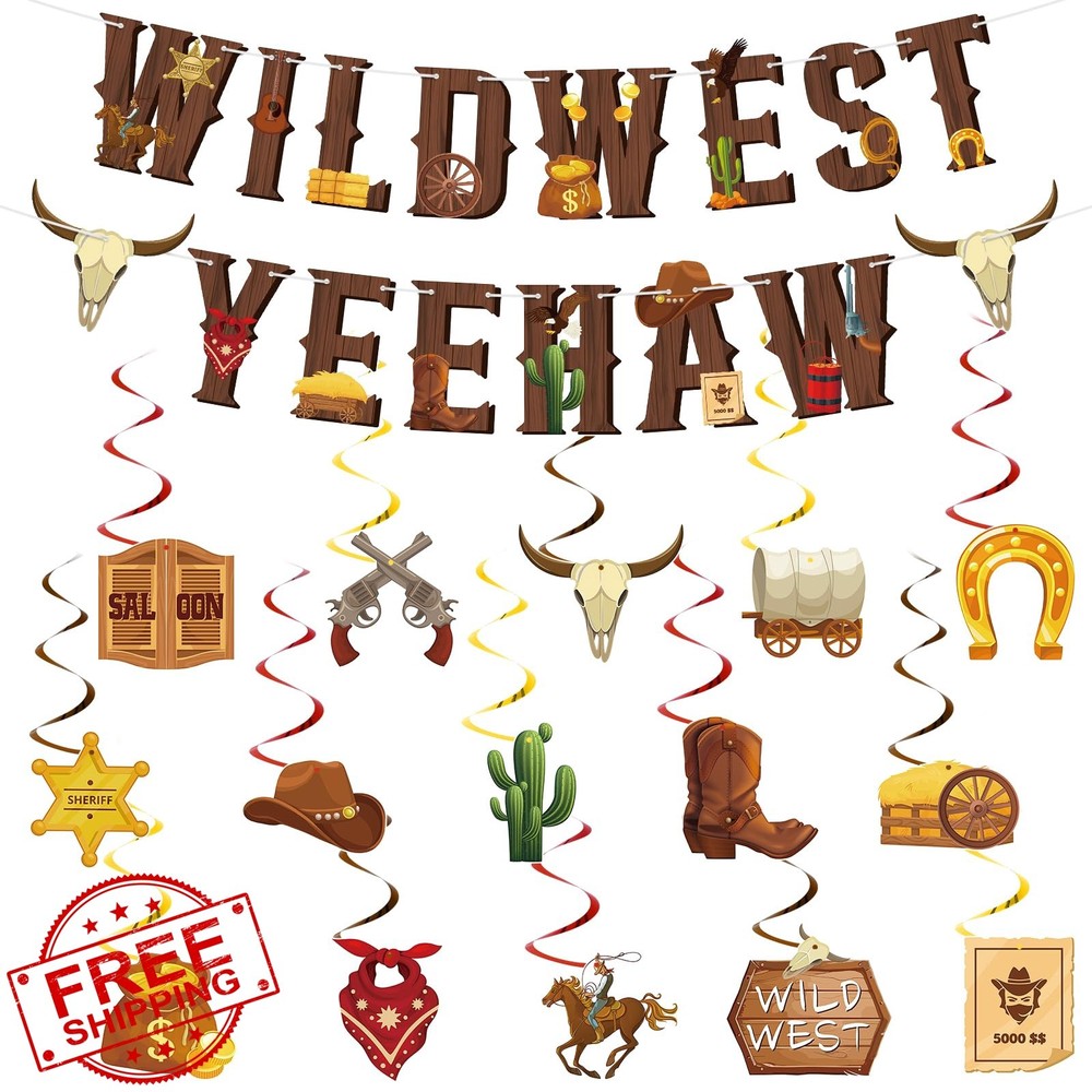 Adecortalk 16 Pcs Western Party Decorations Wild West Yee Haw Banner and Hang…