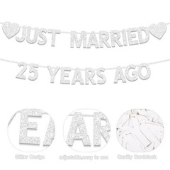 25Th Wedding Anniversary Party Banner Decorations, Silver Glitter Just Married 2
