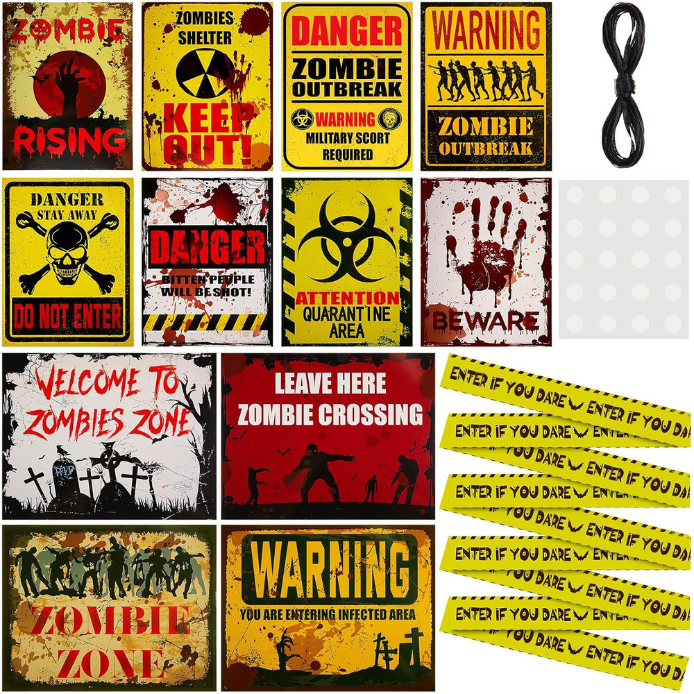 12 Pieces Halloween Zombie Beware Sign Set Halloween Party Haunted House Props C