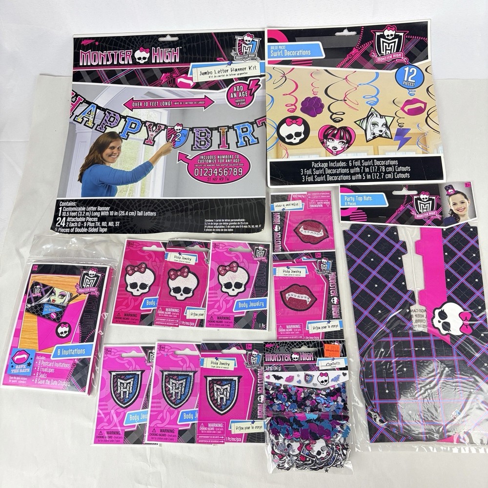 Monster High Birthday Party Supplies Lot Banner Hats Invites Decor Confetti