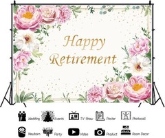 10x7ft Happy Retirement Backdrop – Pink Rose Gold Dots, Floral Greenery Decor, P