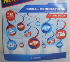 NERF Party! 1 Banner Kit, 2 pkg. 12 CUTOUTS, 3 pkg. 12 SPIRAL DECORATIONS NIP