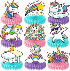 9PCS Unicorn Honeycomb Centerpieces Themed Birthday Party Decorations Rainbow Co