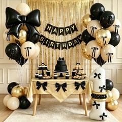 Black Bow 1st Decorations, White Sand Black Gold Balloons with Bow Heart Numb…
