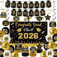 Graduation Decorations 2026 Black and Gold Class of 2026 Decorations Congrats