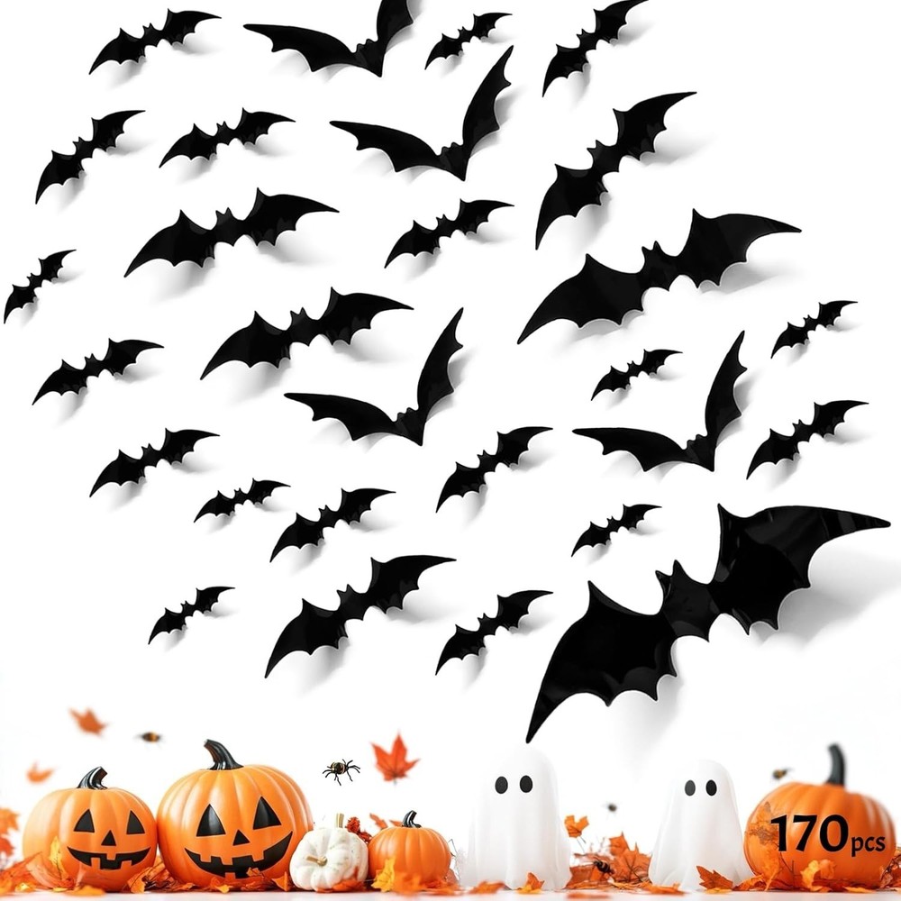 Bats Wall Decor Halloween PVC 3D Black Scary Bat Stickers Party Decor, 170Pcs