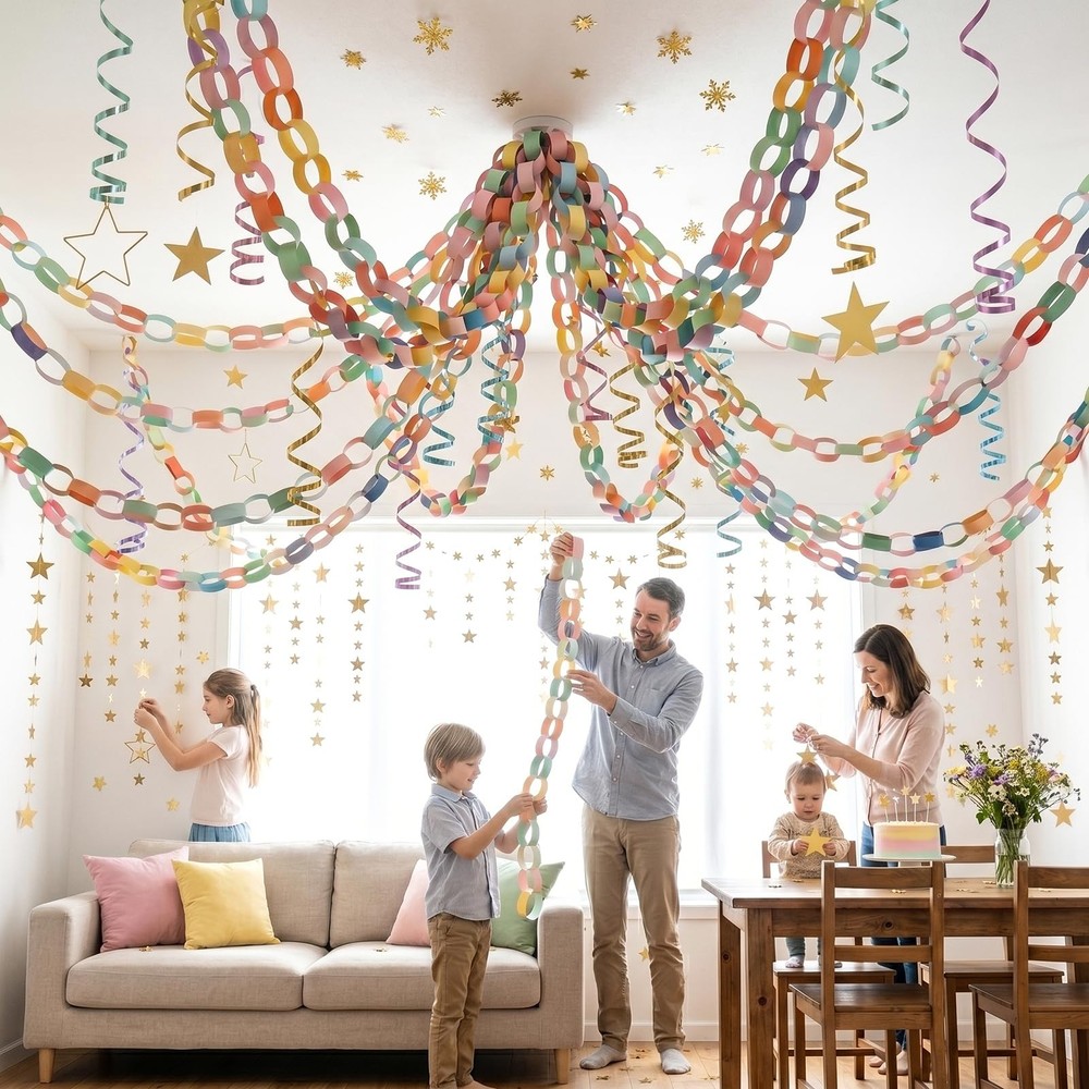 Pastel Chain Garland Kit & Mirror Star Garland, 800 Pre-Cut Strips with Doubl…