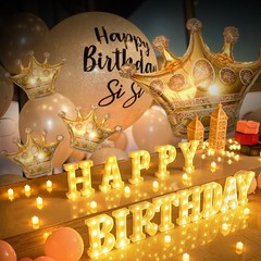 173pcs LED Marquee Birthday Sign with Crown, Gold Foil Balloons & Banner – Party