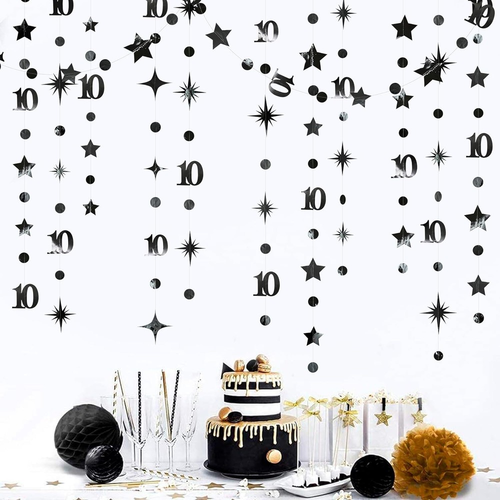Black 10th Birthday Decorations Number 10 Circle Dot Twinkle Star