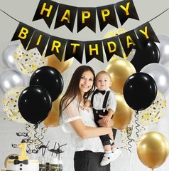Happy Birthday Banner, Black Gold Birthday Decoration, 16 Pcs 12in Balloons w…