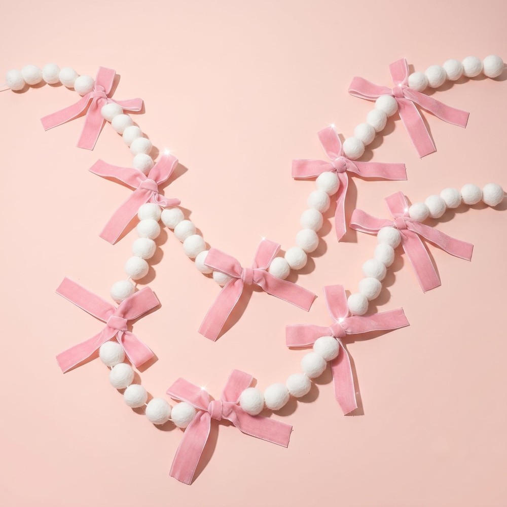 2Pcs Pink Bow Garland Felt Banner | Pink Bowknot Tie with White Pom Pom Balls…