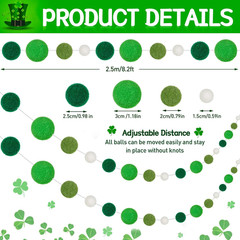 8.2 Ft 3 Pcs St Patrick’S Day Pom Pom Garlands Decor Assorted Sizes Felt Ball Ba