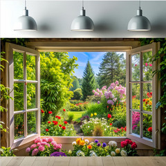 Flowers Spring Garden Window Photography Backdrop Birthday Background Banner