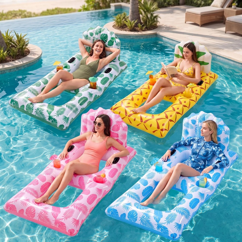 4 Pcs Inflatable Pool Float Lounger for Adults Chair Floaties with Drink Hold…