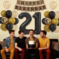 21st Cheetah Decorations,Black Gold Leopard Balloons Set with Happy Banner Nu…