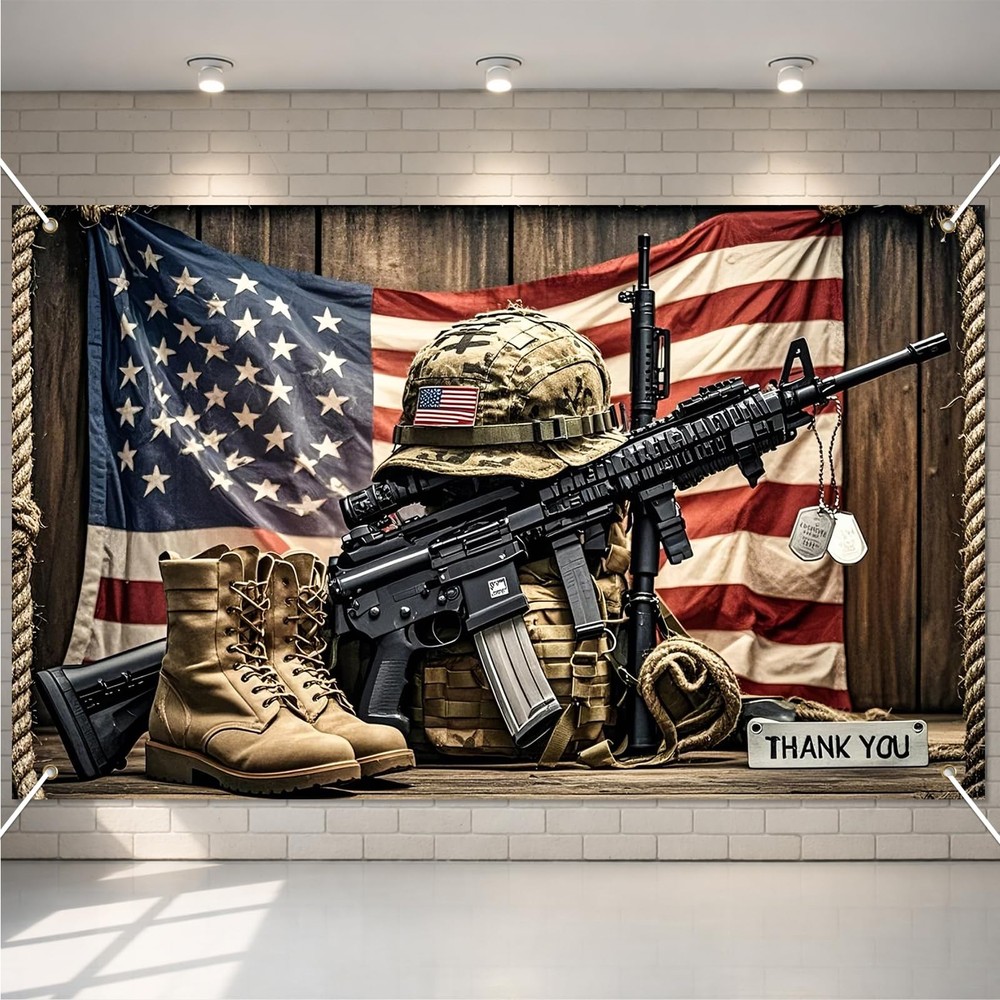 Patriotic Soldier Backdrop Banner 71 x 43 Inch Independence Day Outdoor Decorati