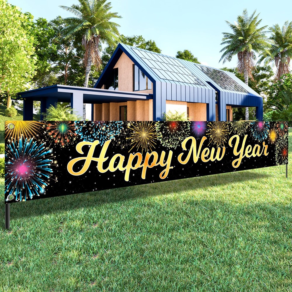 KatchOn, Happy New Year Banner 2026 – Large 120×20 inches, Gold and Black
