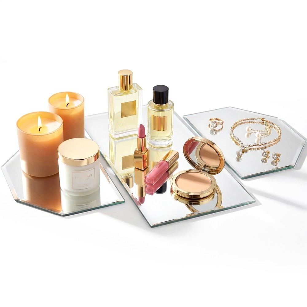 3 Pcs Irregular Glass Mirror Trays Centerpieces for Table, 5mm Thick Beveled …