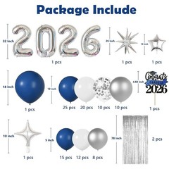 Graduation Balloon Garland Arch Kit – Class of 2026 Navy Blue White Silver Ballo