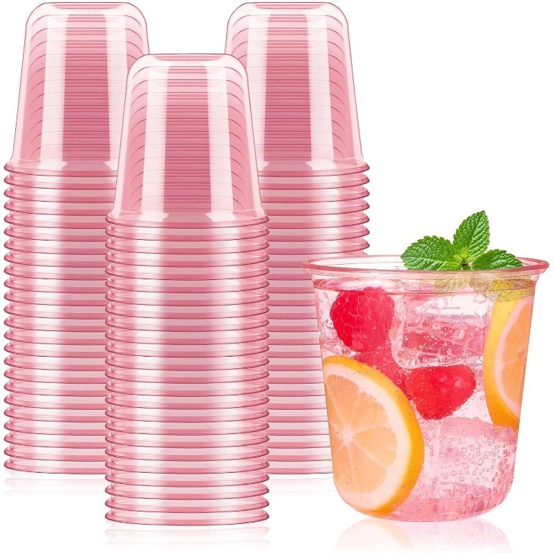 50 Pcs Pink Plastic Cups 12 Oz Disposable Stemless Wine Glasses Cocktail Pink