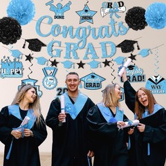 Light Blue Graduation Decorations 2026 – Congrats Grad Banner & Hanging Swirls f