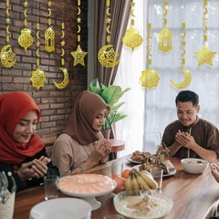 Ramadan Eid Mubarak Hanging Decorations for Home, 6 Pcs Pre-Tied Hanging Golden
