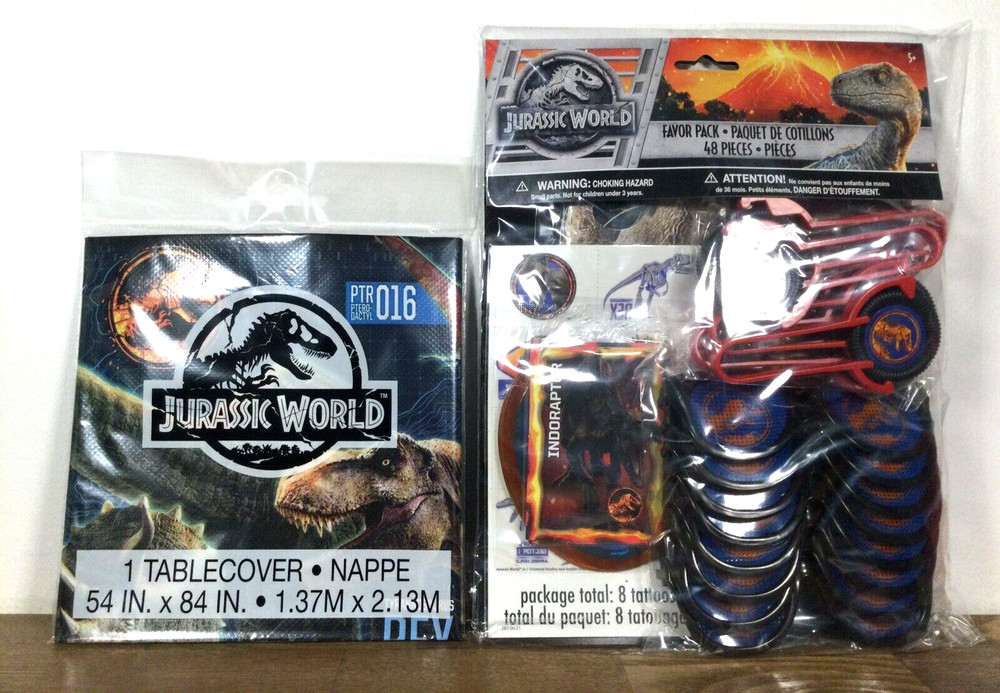 Jurassic World Birthday Party Supply Lot Tablecloth & Favors Pack 48 Pieces