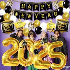 Stunning 76-Piece Black and Gold New Year Decorations for 2025 Celebration