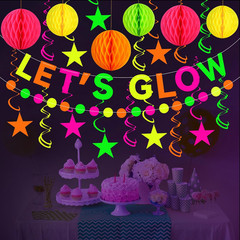 Neon Party Supplies Includes Let’S Glow Banner Star Hanging Swirls Circle Dot Ga