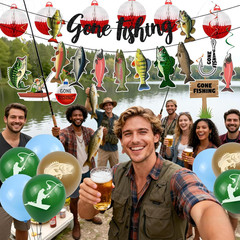 Fishing Birthday Party Decorations, Gone Fishing Themed Banner Fish Net Decor Ga