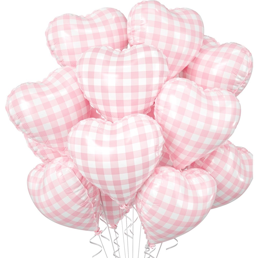 Pink White Checkered Heart Balloons, 10 Pcs Light Pink Grid Heart Shape Ballo…
