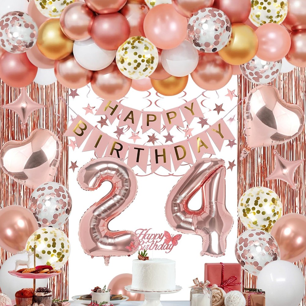 24th Rose Gold Party Decorations for , Rose Gold Happy Banner, Fringe Curtain…